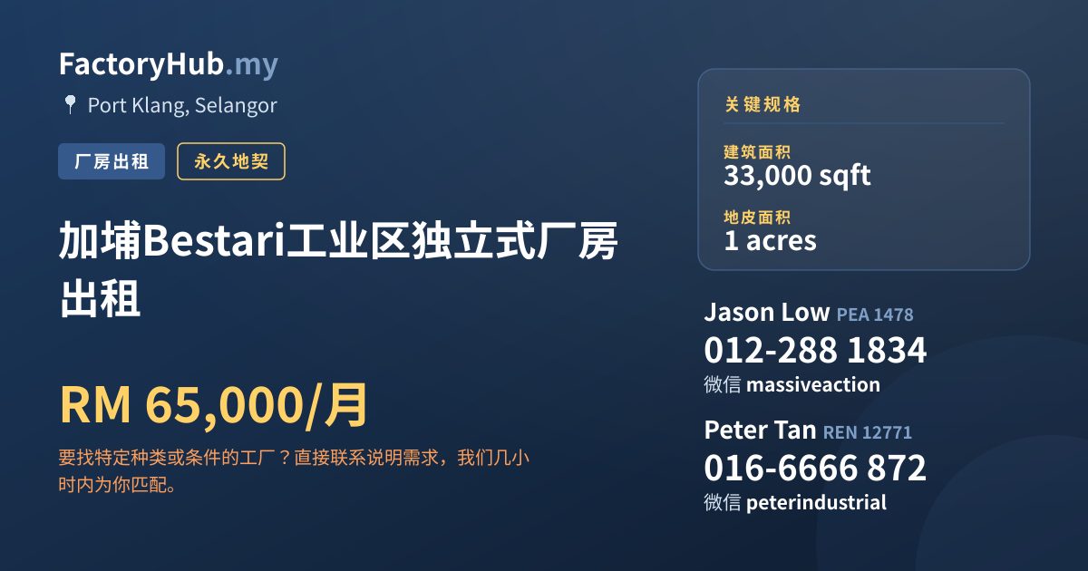 工厂 出租 - 加埔Bestari工业区独立式厂房出租 - Port Klang, Selangor