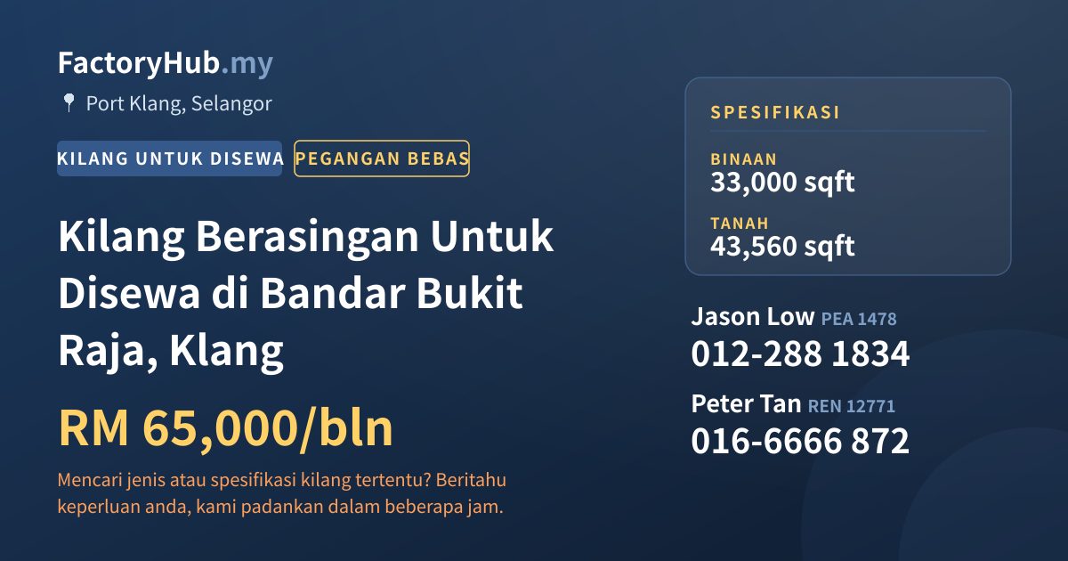 Kilang Untuk Disewa - Kilang Berasingan Untuk Disewa di Bandar Bukit Raja, Klang - Port Klang, Selangor