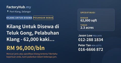 Kilang Untuk Disewa - Kilang Untuk Disewa di Teluk Gong, Pelabuhan Klang - 62,000 kaki persegi - Port Klang, Selangor