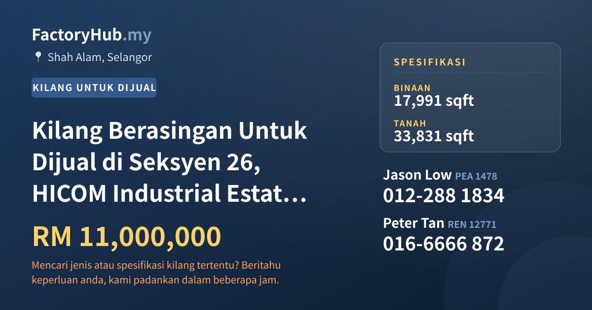 Kilang Untuk Dijual - Kilang Berasingan Untuk Dijual di Seksyen 26, HICOM Industrial Estate, Shah Alam - Shah Alam, Selangor