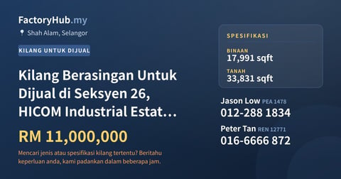 Kilang Untuk Dijual - Kilang Berasingan Untuk Dijual di Seksyen 26, HICOM Industrial Estate, Shah Alam - Shah Alam, Selangor