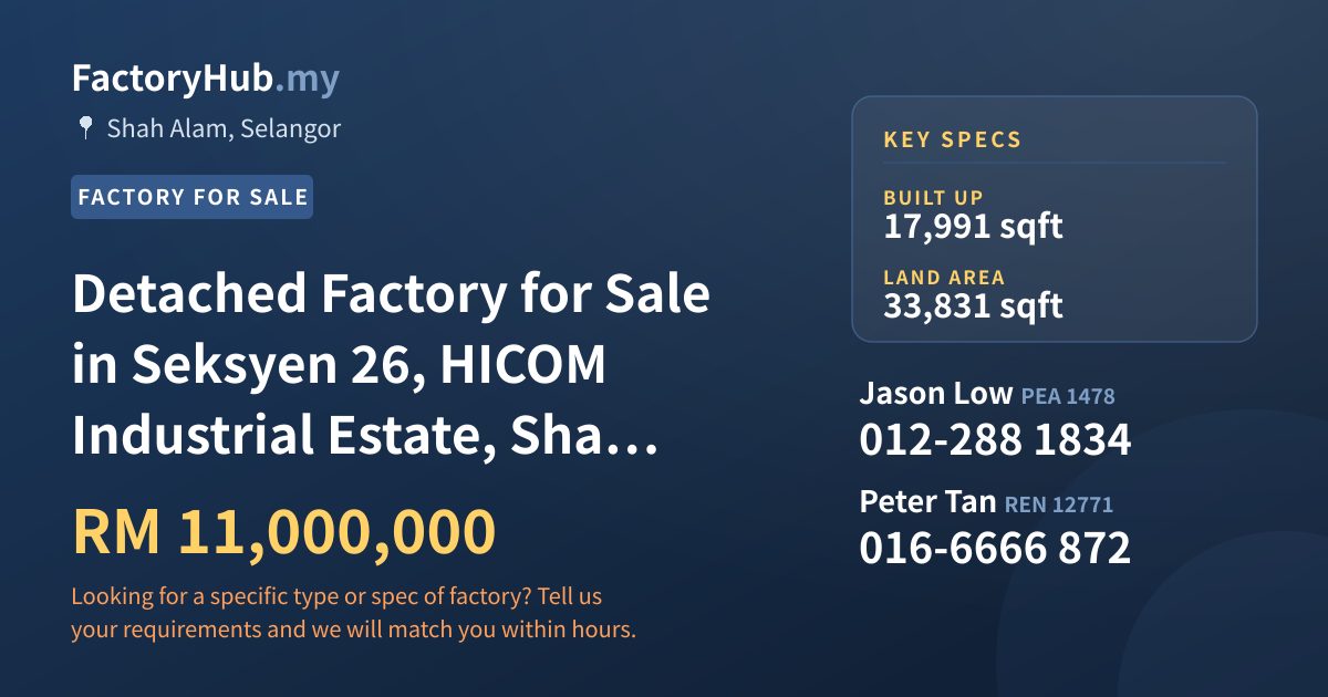 Factory For Sale - Detached Factory for Sale in Seksyen 26, HICOM Industrial Estate, Shah Alam - Shah Alam, Selangor