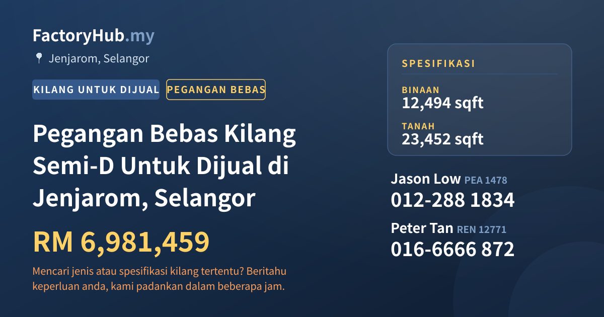 Kilang Untuk Dijual - Pegangan Bebas Kilang Semi-D Untuk Dijual di Jenjarom, Selangor - Jenjarom, Selangor