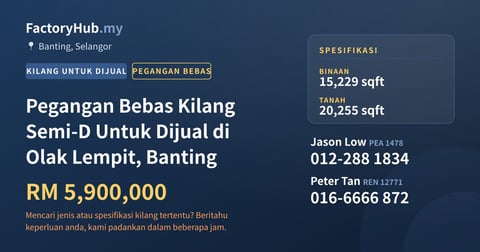 Kilang Untuk Dijual - Pegangan Bebas Kilang Semi-D Untuk Dijual di Olak Lempit, Banting - Banting, Selangor