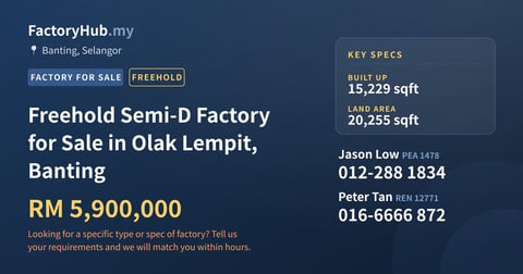 Factory For Sale - Freehold Semi-D Factory for Sale in Olak Lempit, Banting - Banting, Selangor