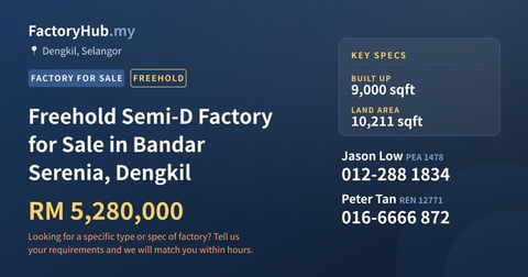 Factory For Sale - Freehold Semi-D Factory for Sale in Bandar Serenia, Dengkil - Dengkil, Selangor