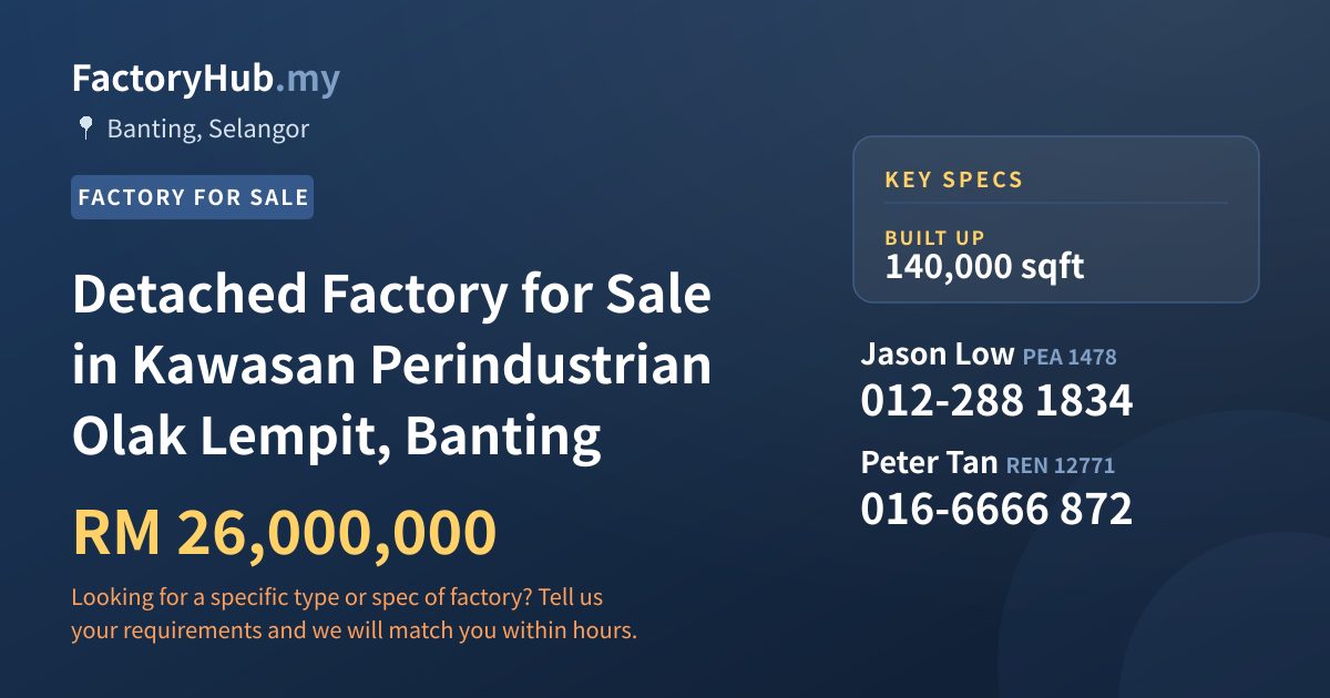Factory For Sale - Detached Factory for Sale in Kawasan Perindustrian Olak Lempit, Banting - Banting, Selangor