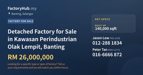 Factory For Sale - Detached Factory for Sale in Kawasan Perindustrian Olak Lempit, Banting - Banting, Selangor