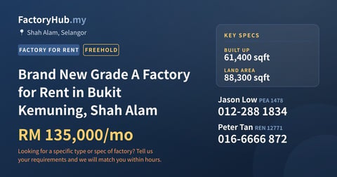 Factory For Rent - Brand New Grade A Factory for Rent in Bukit Kemuning, Shah Alam - Shah Alam, Selangor