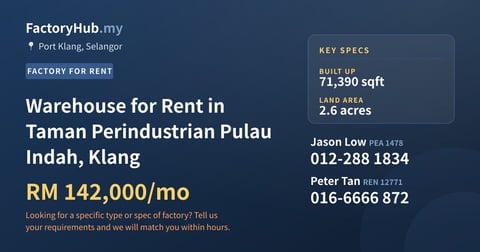 Factory For Rent - Warehouse for Rent in Taman Perindustrian Pulau Indah, Klang - Port Klang, Selangor