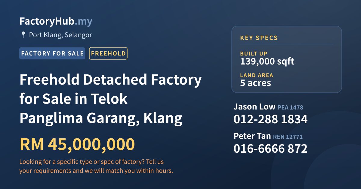 Factory For Sale - Freehold Detached Factory for Sale in Telok Panglima Garang, Klang - Port Klang, Selangor
