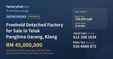 Factory For Sale - Freehold Detached Factory for Sale in Telok Panglima Garang, Klang - Port Klang, Selangor
