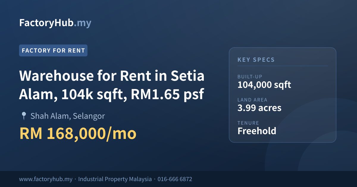 Kilang Untuk Disewa - Gudang Untuk Disewa di Setia Alam, 104k kps, RM1.65 kps - Shah Alam, Selangor