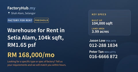 Factory For Rent - Warehouse for Rent in Setia Alam, 104k sqft, RM1.65 psf - Shah Alam, Selangor