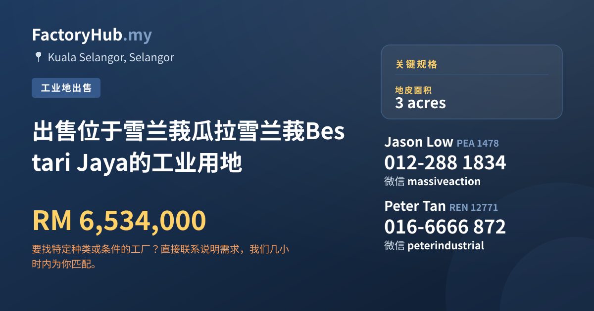 土地 出售 - 出售位于雪兰莪瓜拉雪兰莪Bestari Jaya的工业用地 - Kuala Selangor, Selangor