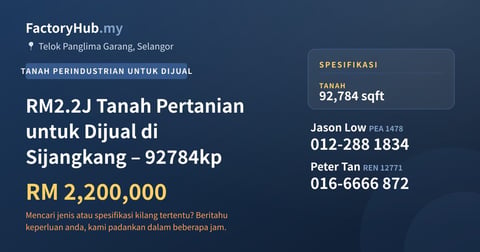 Tanah Untuk Dijual - RM2.2J Tanah Pertanian untuk Dijual di Sijangkang – 92784kp - Telok Panglima Garang, Selangor