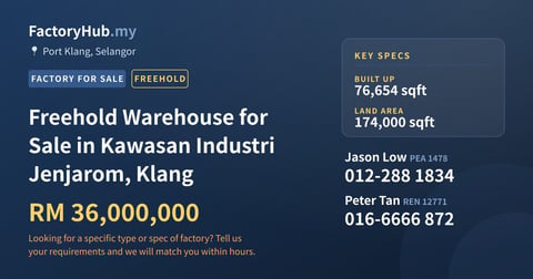 Factory For Sale - Freehold Warehouse for Sale in Kawasan Industri Jenjarom, Klang - Port Klang, Selangor