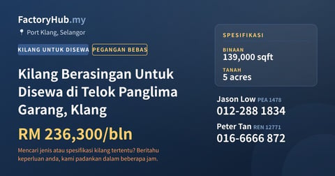 Kilang Untuk Disewa - Kilang Berasingan Untuk Disewa di Telok Panglima Garang, Klang - Port Klang, Selangor