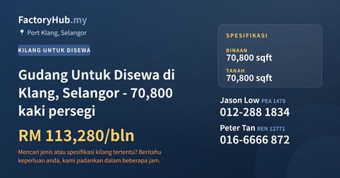 Kilang Untuk Disewa - Gudang Untuk Disewa di Klang, Selangor - 70,800 kaki persegi - Port Klang, Selangor