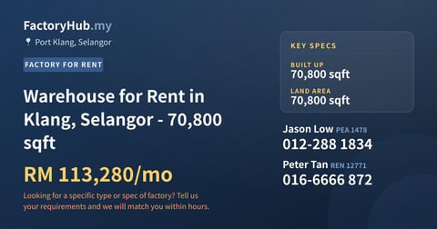Factory For Rent - Warehouse for Rent in Klang, Selangor - 70,800 sqft - Port Klang, Selangor