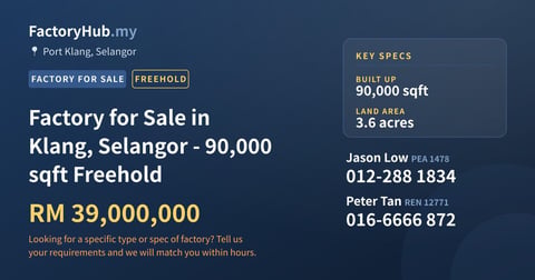 Factory For Sale - Factory for Sale in Klang, Selangor - 90,000 sqft Freehold - Port Klang, Selangor