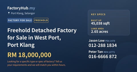 Factory For Sale - Freehold Detached Factory for Sale in West Port, Port Klang - Port Klang, Selangor
