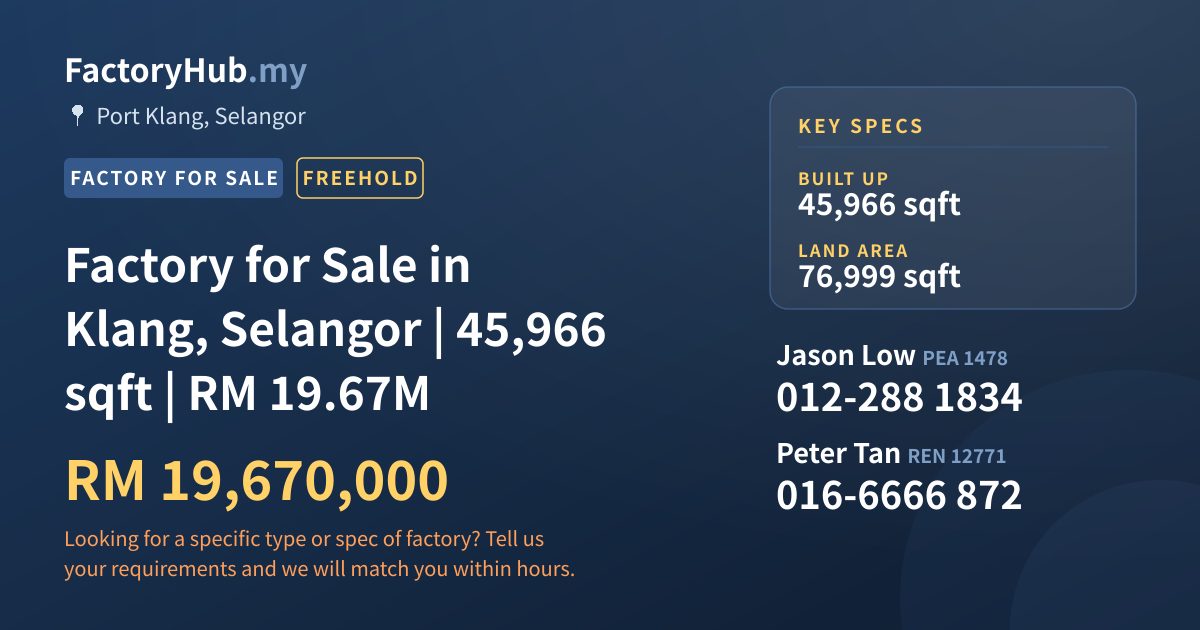 Factory For Sale - Factory for Sale in Klang, Selangor | 45,966 sqft | RM 19.67M - Port Klang, Selangor