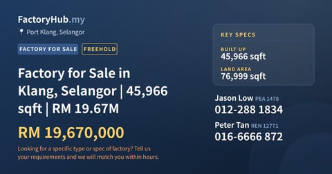 Factory For Sale - Factory for Sale in Klang, Selangor | 45,966 sqft | RM 19.67M - Port Klang, Selangor