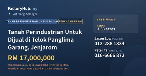 Tanah Untuk Dijual - Tanah Perindustrian Untuk Dijual di Telok Panglima Garang, Jenjarom - Port Klang, Selangor