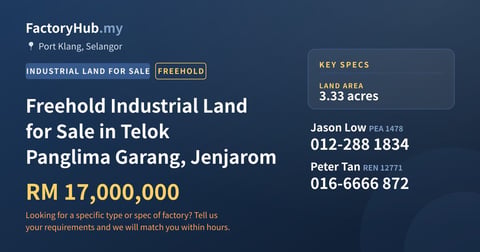Land For Sale - Freehold Industrial Land for Sale in Telok Panglima Garang, Jenjarom - Port Klang, Selangor
