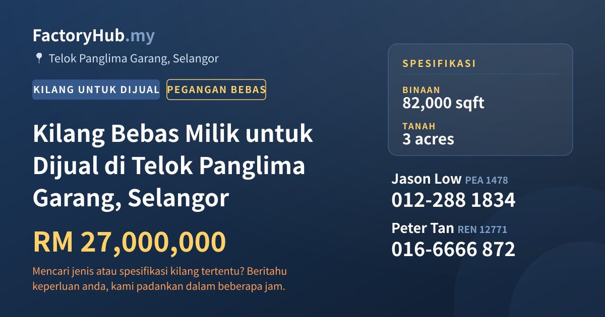 Kilang Untuk Dijual - Kilang Bebas Milik untuk Dijual di Telok Panglima Garang, Selangor - Telok Panglima Garang, Selangor