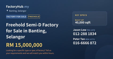 Factory For Sale - Freehold Semi-D Factory for Sale in Banting, Selangor - Banting, Selangor