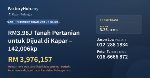 Tanah Untuk Dijual - RM3.98J Tanah Pertanian untuk Dijual di Kapar – 142,006kp - Kapar, Selangor