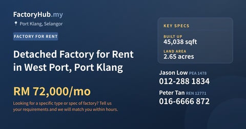 Factory For Rent - Detached Factory for Rent in West Port, Port Klang - Port Klang, Selangor