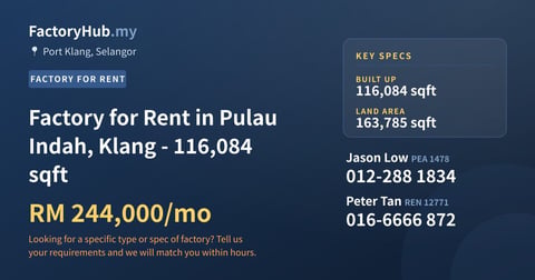 Factory For Rent - Factory for Rent in Pulau Indah, Klang - 116,084 sqft - Port Klang, Selangor