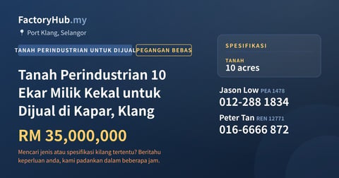 Tanah Untuk Dijual - Tanah Perindustrian 10 Ekar Milik Kekal untuk Dijual di Kapar, Klang - Port Klang, Selangor