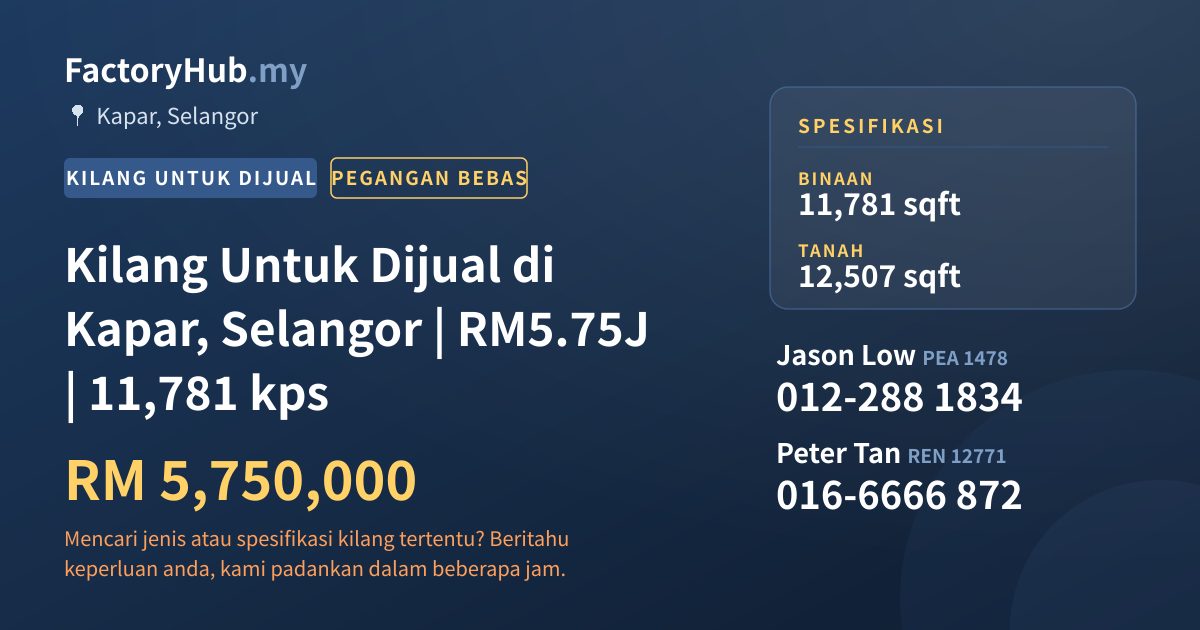 Kilang Untuk Dijual - Kilang Untuk Dijual di Kapar, Selangor | RM5.75J | 11,781 kps - Kapar, Selangor
