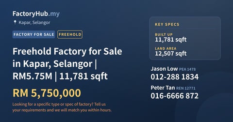 Factory For Sale - Freehold Factory for Sale in Kapar, Selangor | RM5.75M | 11,781 sqft - Kapar, Selangor