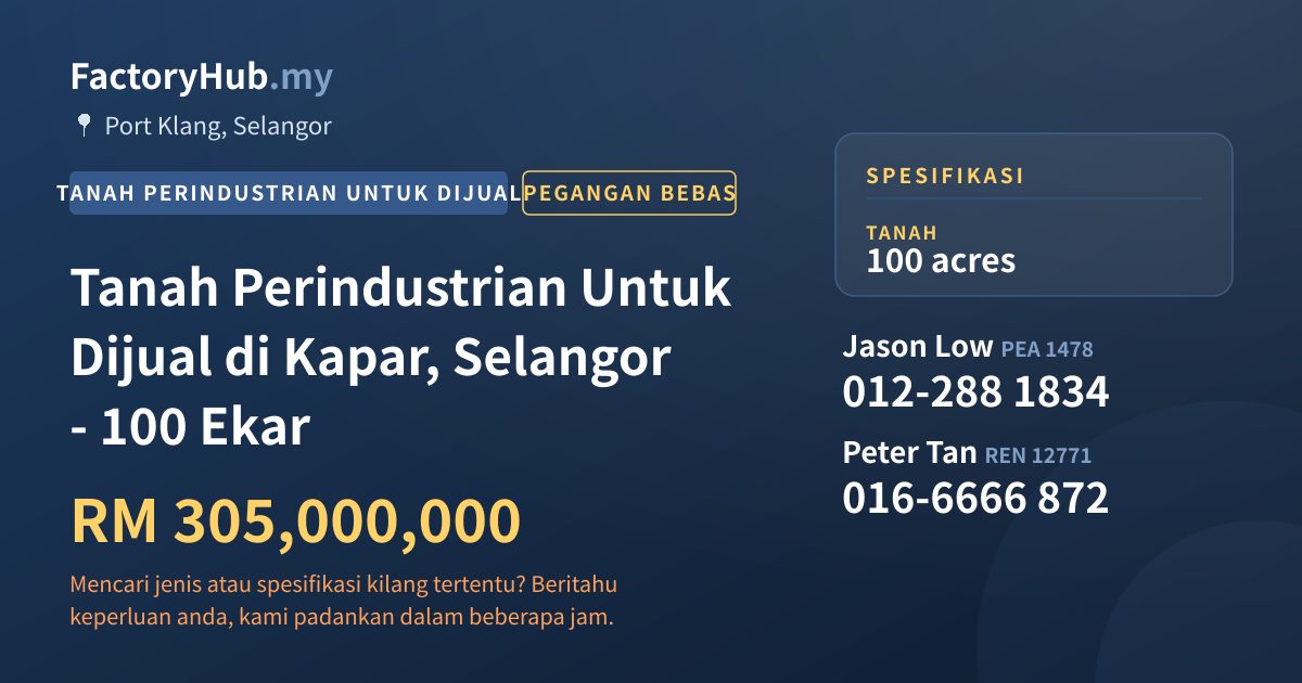 Tanah Untuk Dijual - Tanah Perindustrian Untuk Dijual di Kapar, Selangor - 100 Ekar - Port Klang, Selangor