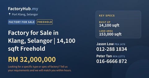 Factory For Sale - Factory for Sale in Klang, Selangor | 14,100 sqft Freehold - Port Klang, Selangor