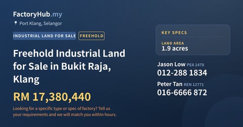 Land For Sale - Freehold Industrial Land for Sale in Bukit Raja, Klang - Port Klang, Selangor