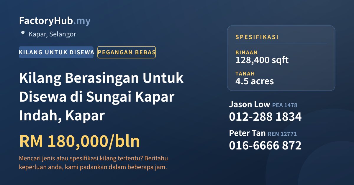 Kilang Untuk Disewa - Kilang Berasingan Untuk Disewa di Sungai Kapar Indah, Kapar - Kapar, Selangor