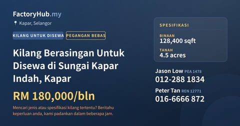 Kilang Untuk Disewa - Kilang Berasingan Untuk Disewa di Sungai Kapar Indah, Kapar - Kapar, Selangor