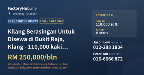 Kilang Untuk Disewa - Kilang Berasingan Untuk Disewa di Bukit Raja, Klang - 110,000 kaki persegi - Port Klang, Selangor