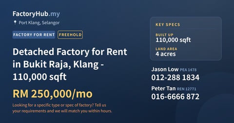 Factory For Rent - Detached Factory for Rent in Bukit Raja, Klang - 110,000 sqft - Port Klang, Selangor