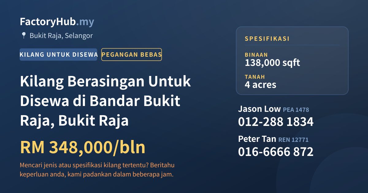Kilang Untuk Disewa - Kilang Berasingan Untuk Disewa di Bandar Bukit Raja, Bukit Raja - Bukit Raja, Selangor