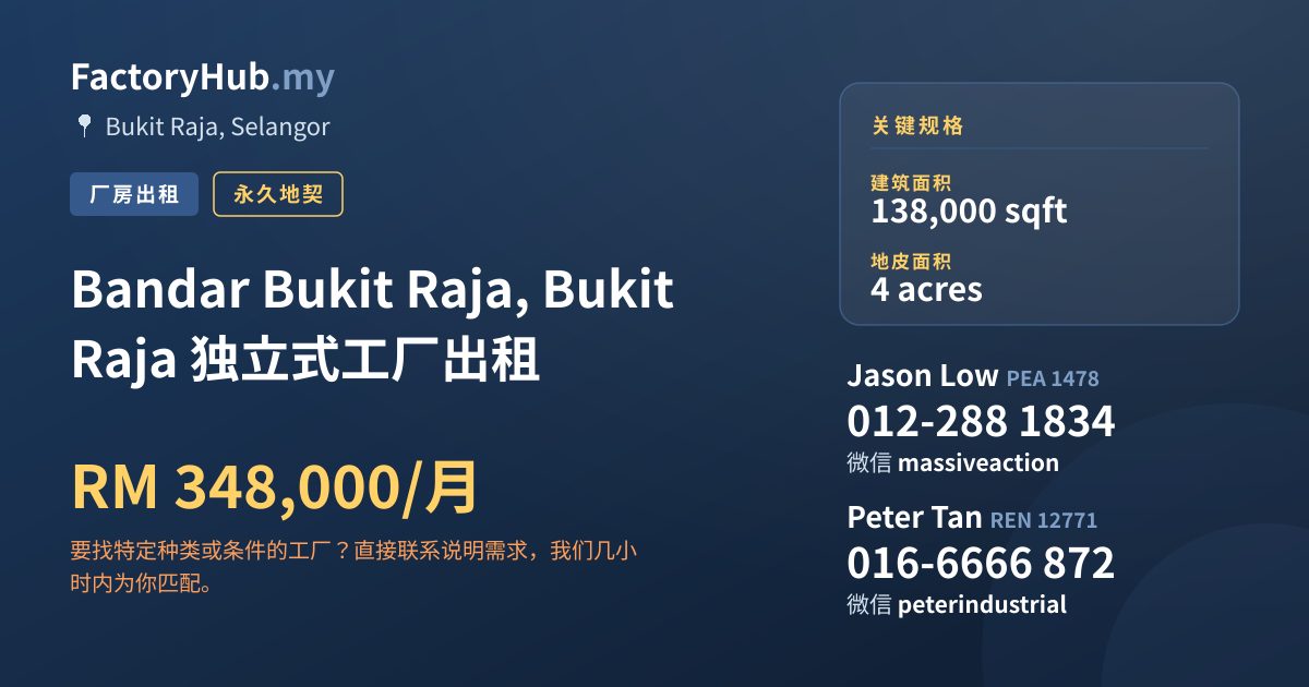 工厂 出租 - Bandar Bukit Raja, Bukit Raja 独立式工厂出租 - Bukit Raja, Selangor