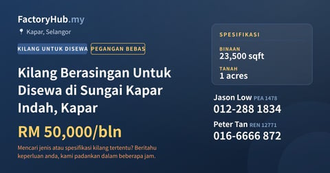 Kilang Untuk Disewa - Kilang Berasingan Untuk Disewa di Sungai Kapar Indah, Kapar - Kapar, Selangor