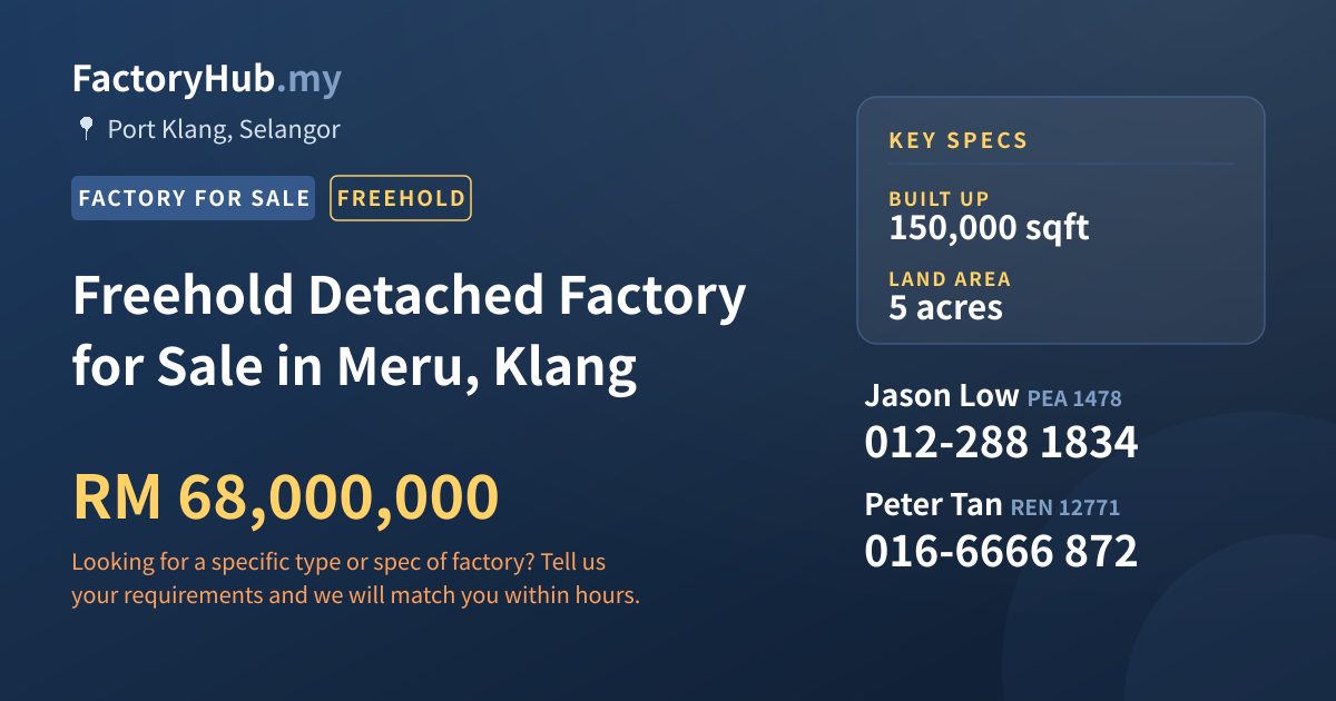 Factory For Sale - Freehold Detached Factory for Sale in Meru, Klang - Port Klang, Selangor