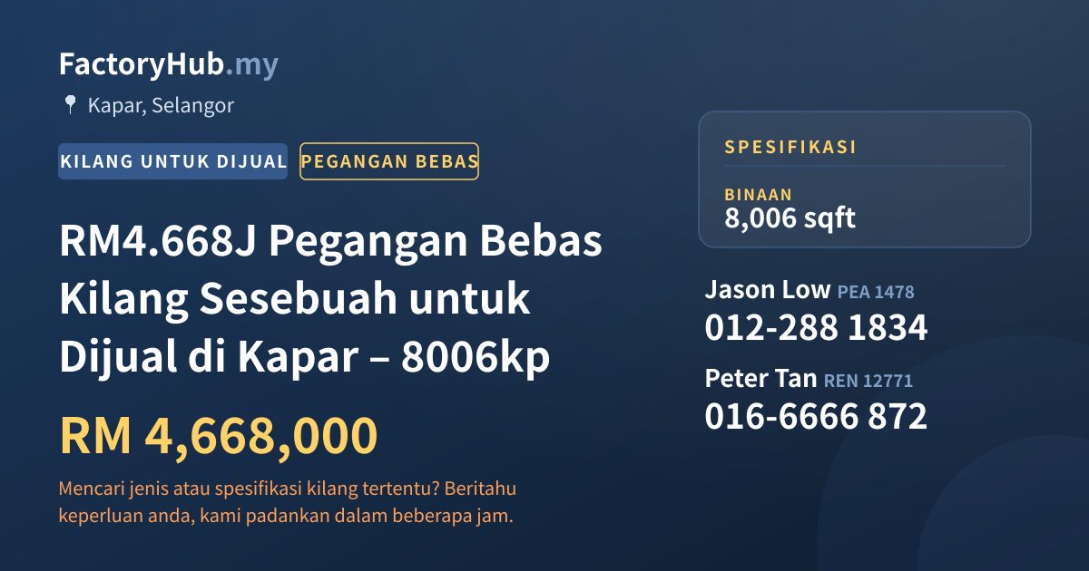 Kilang Untuk Dijual - RM4.668J Pegangan Bebas Kilang Sesebuah untuk Dijual di Kapar – 8006kp - Kapar, Selangor